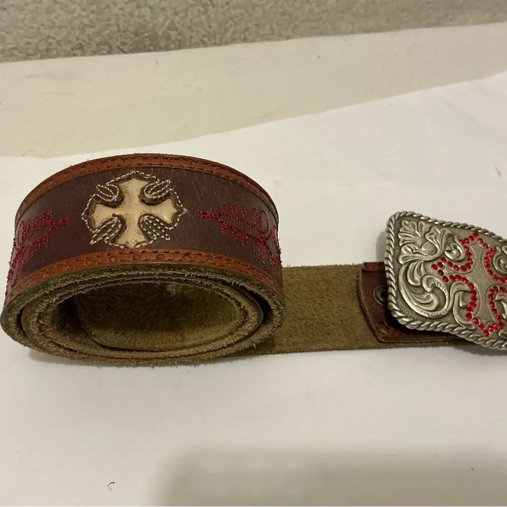 Enmon engraved rhinestone cross western Silver Buckle Belt with Red Accents